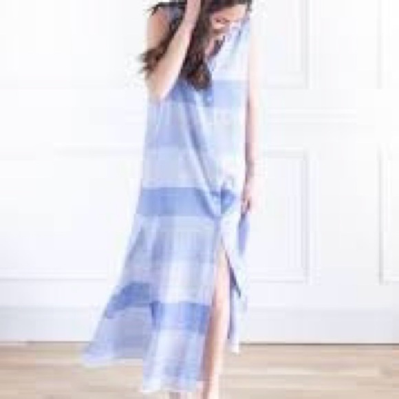 Bella Dahl Frayed Hem Duster Blue Striped Maxi Dress Linen Blend Size S - Picture 3 of 12